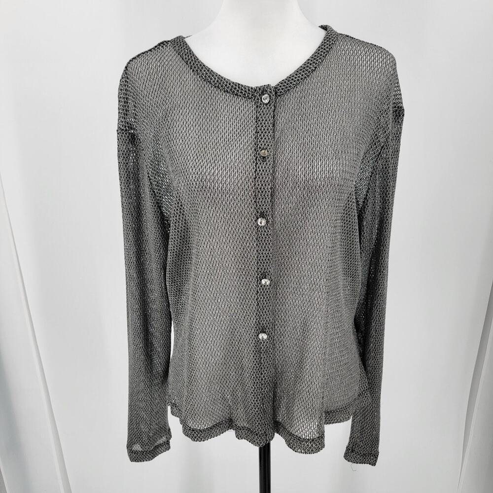 Vintage Cachet Women’s 16 Metallic Silver Black Mesh Cardigan Sheer USA
